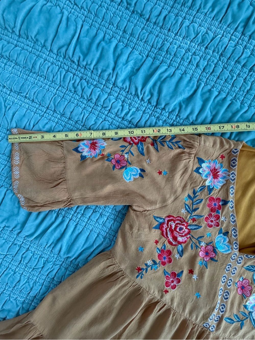 Savanna Jane Mustard Tiered Dress with Multicolor Floral Embroidery-Med - Picture 9 of 10